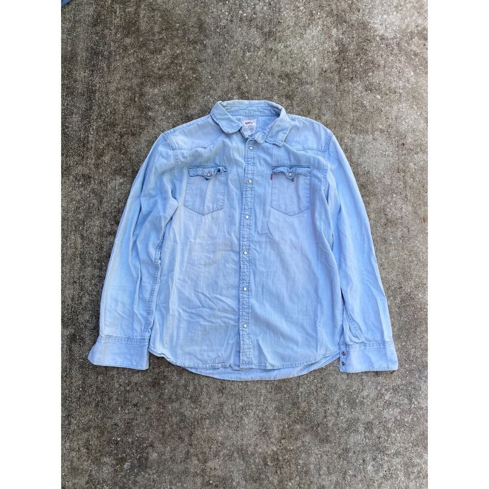 Levi’s Strauss Light Wash Denim Pearl Snap Shirt Western Preppy Retro - Men’s XL